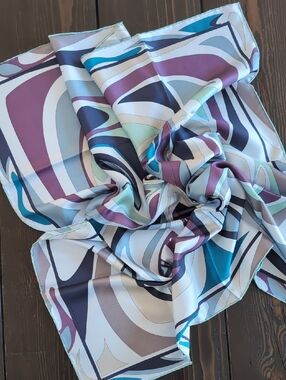 Abstract Geometric Silk Scarf in Teal, Plum & Gray 34" Square